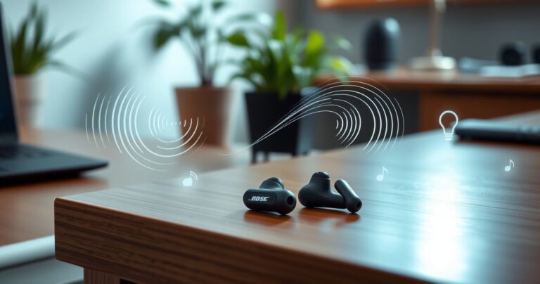 A sleek pair of Bose QuietComfort earbuds resting on a stylish wooden desk, illuminated by soft, ambient lighting. Surrounding them are swirling sound waves and digital connectivity symbols, evoking a sense of advanced technology and seamless integration. A blurred background hints at a modern workspace with plants and tech gadgets, suggesting a serene listening experience.
