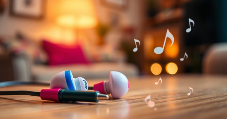 A close-up of vibrant, sleek earbuds resting on a wooden table, surrounded by sound waves visually emanating from them, with subtle hints of music notes floating in the air. The background features a cozy room filled with soft lighting, emphasizing a warm atmosphere of sound and comfort.