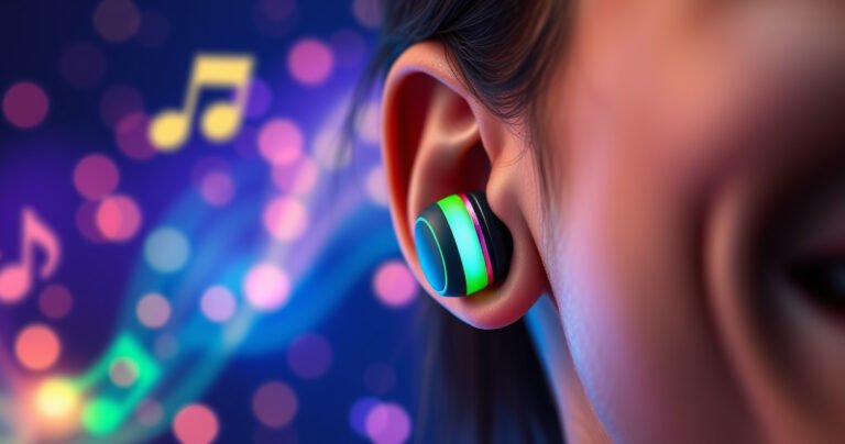 A close-up of vibrant, colorful earphones snugly nestled in the ear of a smiling person, surrounded by a backdrop of lively music notes and soft, glowing sound waves, evoking a sense of comfort and enjoyment. The scene captures the joy of listening to music while highlighting the importance of a secure fit.