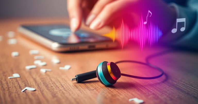 A close-up of colorful, stylish earbuds resting on a wooden table, surrounded by soft lighting and scattered musical notes. In the background, a hand is adjusting the volume on a sleek smartphone, while vibrant sound waves visually emanate from the earbuds, creating an energetic and engaging atmosphere.