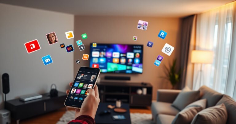 A sleek living room featuring a traditional television transformed into a vibrant smart TV, surrounded by modern gadgets. A person holds a smartphone with apps displayed, while colorful streaming icons float around. Soft, warm lighting enhances the inviting atmosphere, with a cozy couch and stylish decor, showcasing the blend of technology and home comfort.