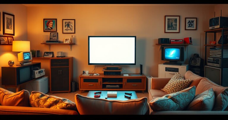 A retro living room with a vintage television transformed into a sleek smart TV, surrounded by modern gadgets. Soft warm lighting highlights an array of colorful tech accessories, including streaming devices and remote controls. A cozy sofa with patterned cushions invites viewers to experience the blend of nostalgia and innovation, showcasing the evolution of home entertainment.