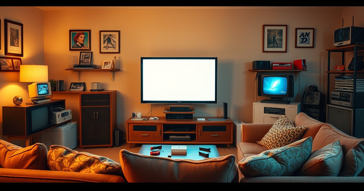 A retro living room with a vintage television transformed into a sleek smart TV, surrounded by modern gadgets. Soft warm lighting highlights an array of colorful tech accessories, including streaming devices and remote controls. A cozy sofa with patterned cushions invites viewers to experience the blend of nostalgia and innovation, showcasing the evolution of home entertainment.
