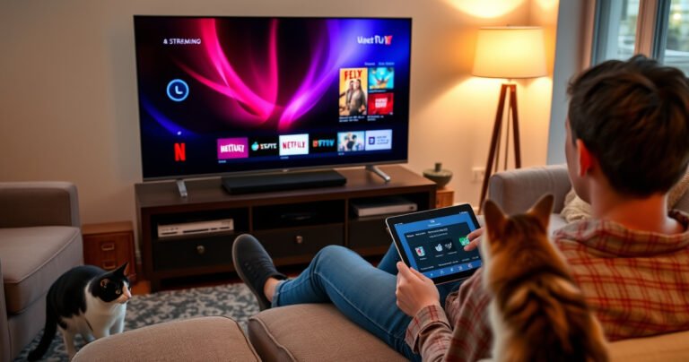 A cozy living room with a sleek smart TV displaying vibrant streaming icons, surrounded by comfortable furniture and a warm glow from a table lamp. A person sits on a plush sofa, focused on a tablet, following setup instructions, while a curious cat watches nearby, creating a welcoming and tech-savvy atmosphere.