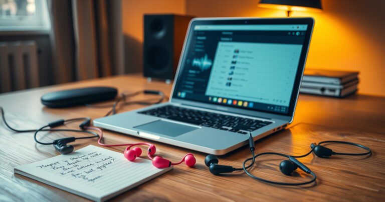 An open laptop displaying sound settings on the screen, surrounded by sleek, colorful earbuds scattered on a wooden desk, sound waves visually emanating from the devices, a notepad with scribbled tips beside them, warm ambient lighting creating an inviting workspace atmosphere, hinting at tech-savvy solutions and quick fixes for enhanced audio experiences.