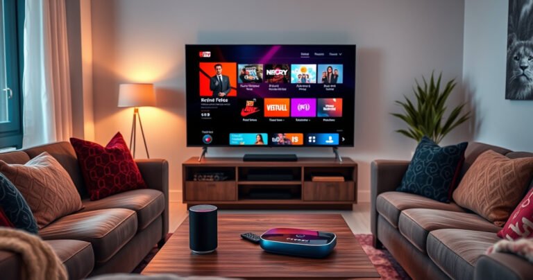A cozy living room with a sleek, modern TV displaying vibrant streaming icons, surrounded by plush couches and colorful pillows. A smart speaker and remote control lie on a stylish coffee table, while warm ambient lighting casts a welcoming glow, inviting viewers to explore the world of smart technology in their home entertainment.