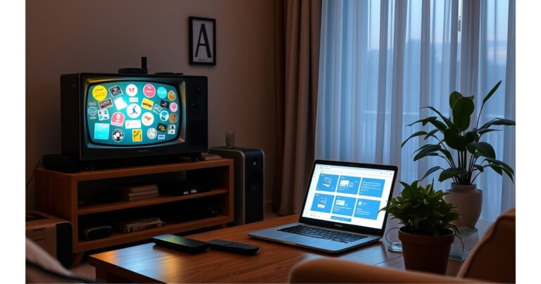 A cozy living room featuring a vintage television adorned with colorful stickers, surrounded by modern gadgets like streaming devices and remote controls. A glowing laptop on a wooden coffee table displays step-by-step instructions, while potted plants add a touch of green. Soft evening light filters through sheer curtains, creating a warm, inviting atmosphere.