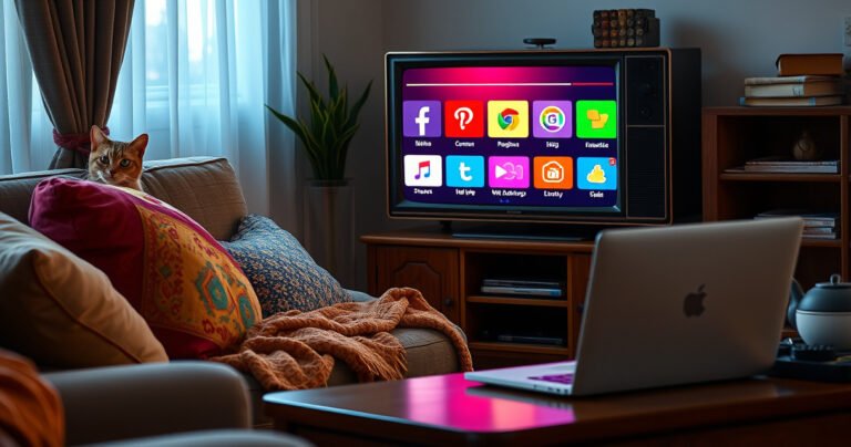 A cozy living room featuring a classic non-smart television with colorful streaming icons appearing on the screen, surrounded by vibrant pillows and a warm blanket. A curious cat peeks over the sofa, while a laptop sits on a coffee table, casting a soft glow, symbolizing the fusion of old and new technology.