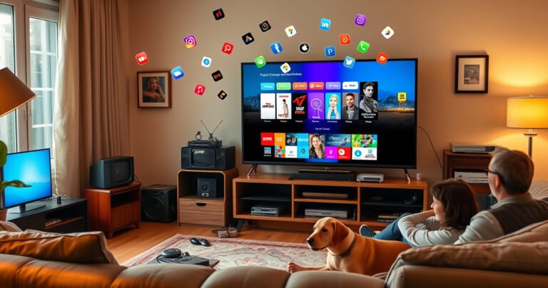 A cozy living room with a vintage television transformed into a sleek smart TV. Surrounding it are modern gadgets, colorful app icons floating in the air, and a family enjoying streaming content together. Warm lighting creates an inviting atmosphere, while a playful dog lounges nearby, embodying the fusion of old and new technology in home entertainment.