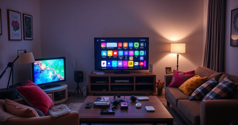 A cozy living room featuring a traditional TV transformed into a smart TV, surrounded by modern gadgets. A user happily connects devices, with vibrant screens displaying smart apps. Soft lighting casts a warm glow, while colorful throw pillows and a coffee table filled with tech accessories enhance the inviting atmosphere, symbolizing the blend of old and new technology.