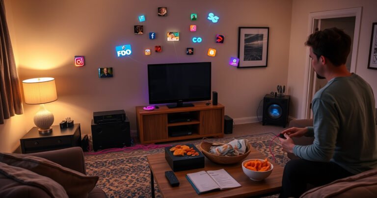 A cozy living room with a traditional TV surrounded by modern tech gadgets, colorful streaming icons floating around, a person connecting devices with vibrant cables, and a warm glow from a lamp illuminating a coffee table filled with snacks and a user manual, conveying a sense of innovation and comfort.