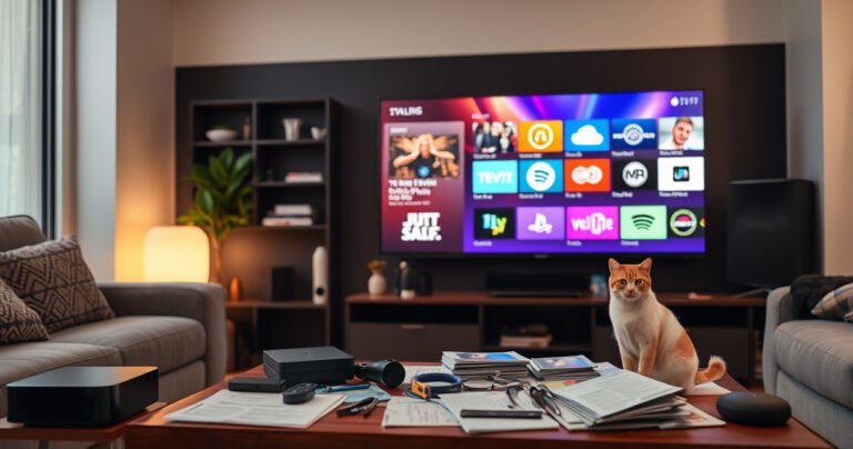 A modern living room with a sleek TV displaying vibrant app icons, surrounded by stylish gadgets like streaming devices and smart speakers. Soft ambient lighting enhances a cozy atmosphere, while a curious cat watches intently. A coffee table is cluttered with tech manuals and tools, symbolizing the transformation into a smart home.