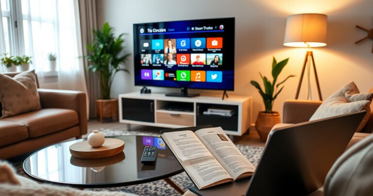 A cozy living room featuring a sleek, modern smart TV displaying vibrant apps, surrounded by plush furniture. A user-friendly remote sits on a stylish coffee table, while a warm glow from a nearby lamp highlights a step-by-step guide open on a laptop. Potted plants add a touch of greenery, creating an inviting tech-savvy atmosphere.