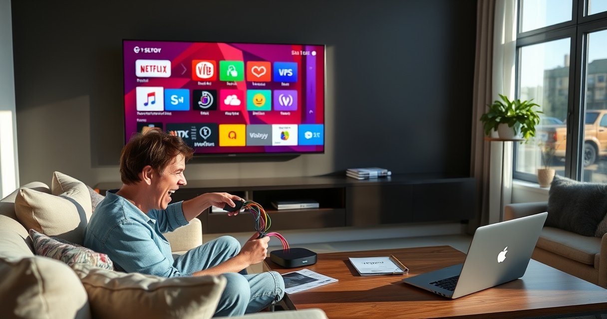 A modern living room with a sleek, wall-mounted flat-screen TV displaying vibrant smart interface icons. A person happily connects a streaming device with colorful cables, surrounded by cozy furniture, soft lighting, and a stylish coffee table. A laptop and user manual lie nearby, emphasizing a DIY atmosphere, while a window reveals a sunny day outside.