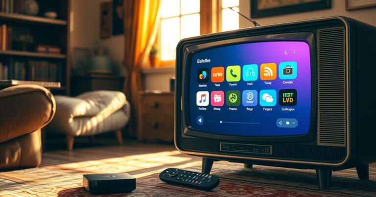 An old, vintage television set sits against a cozy living room backdrop, surrounded by modern gadgets like a streaming device and a sleek remote. Warm sunlight streams through a window, casting a nostalgic glow. The TV screen displays vibrant app icons, symbolizing the seamless blend of retro charm and contemporary technology, inviting viewers to explore smart upgrades.