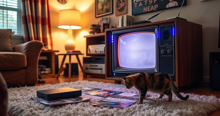 A cozy living room featuring a vintage wooden TV retrofitted with modern gadgets. Bright cables peek out, a sleek streaming device sits nearby. A warm glow from a nearby lamp illuminates colorful tech manuals scattered on a plush rug, while a curious cat inspects the setup, creating a blend of nostalgia and innovation.