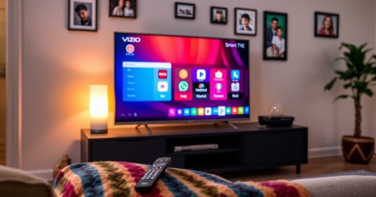 A cozy living room featuring a sleek Vizio Smart TV on a modern stand, displaying a vibrant interface of app icons. A remote control rests on a colorful blanket, with a warm glow from a nearby lamp illuminating the space. The walls are adorned with family photos and a potted plant adds a touch of greenery.
