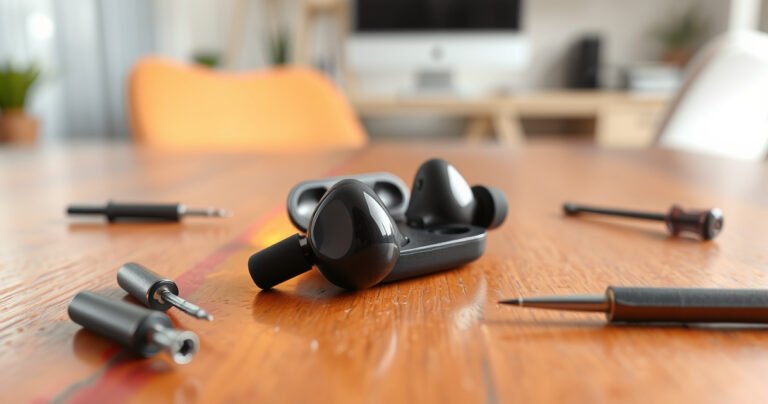 A pair of sleek, modern earbuds resting on a vibrant wooden table, partially opened with a gentle glimmer reflecting light, surrounded by scattered small tools like a tiny screwdriver and tweezers, with a soft-focus background of a cozy home office, exuding a sense of accessibility and ease, inviting readers to explore the simplicity of opening earbuds.