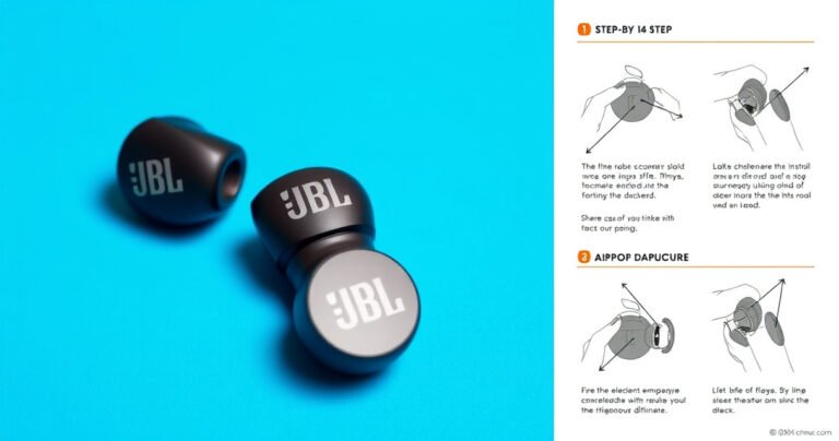 A close-up of a pair of sleek JBL earbuds resting on a vibrant blue background, with one earbud slightly open to showcase intricate internal components, surrounded by a step-by-step illustrated guide with arrows and instructions, all in a clean and modern layout, emphasizing clarity and accessibility for readers.