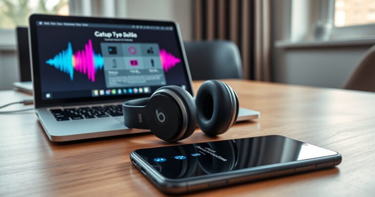 A pair of sleek Beats earphones resting on a modern wooden desk, surrounded by vibrant sound waves visually emanating from them. An open laptop displays a colorful setup guide, while a stylish smartphone lies nearby, showcasing a Bluetooth connection interface. Soft natural light filters through a nearby window, creating a warm, inviting atmosphere.