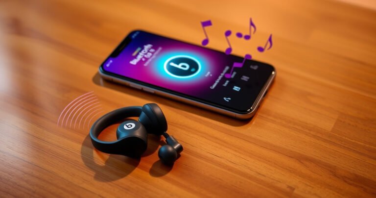 A sleek pair of Beats wireless earphones resting on a polished wooden table, surrounded by vibrant sound waves visually emanating from them. A smartphone displays a colorful Bluetooth pairing screen, with notes and music notes floating around, conveying the seamless connection and modern lifestyle, bathed in soft, ambient lighting that highlights the elegance of the products.