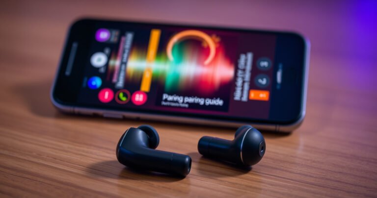 A close-up of sleek, modern Bluetooth earbuds resting on a wooden surface, surrounded by glowing, colorful sound waves emanating from them. In the background, a smartphone displays a pairing interface, with vibrant icons and a clear, easy-to-read step-by-step guide, all bathed in soft, ambient lighting that suggests a tech-savvy atmosphere.
