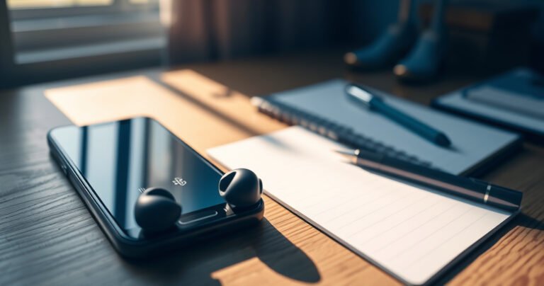 A close-up of sleek, modern Bluetooth earphones resting on a wooden desk, alongside a smartphone displaying a connection screen, warm sunlight filtering through a nearby window, soft shadows creating a cozy atmosphere, with a notepad and pen in the background, symbolizing a step-by-step guide to seamless tech integration.