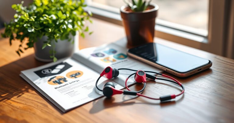 A close-up of vibrant Skullcandy earbuds resting on a sleek wooden desk, surrounded by a smartphone displaying Bluetooth settings. Soft morning light filters through a nearby window, casting gentle shadows. An open user manual lies beside them, decorated with colorful graphics, while a cheerful potted plant adds a touch of freshness to the scene.