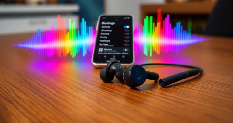 A sleek pair of Bmani earbuds resting on a polished wooden table, surrounded by vibrant sound waves visualizations. In the background, a soft-focus smartphone displays a Bluetooth settings screen, while colorful sound frequencies pulse around the earbuds, creating an energetic and modern tech ambiance. Bright, inviting colors enhance the setup process feel.