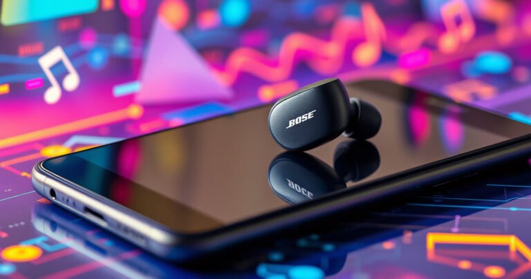 A close-up of sleek Bose earbuds resting on a modern Android smartphone, surrounded by colorful sound waves and musical notes, set against a vibrant, tech-inspired background. The scene conveys a sense of connectivity and innovation, highlighting the seamless pairing experience between the earbuds and the device. Bright, dynamic colors enhance the energetic vibe.