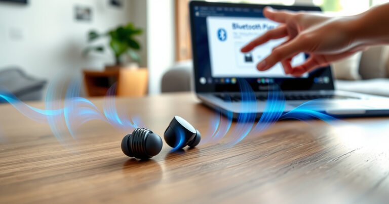 A close-up of sleek Bose QC earbuds resting on a stylish wooden table, surrounded by vibrant sound waves visually emanating from them. In the background, a soft-focus laptop screen displays a Bluetooth pairing interface, while a hand gestures towards the earbuds, suggesting an intuitive setup process in a cozy, modern living space.