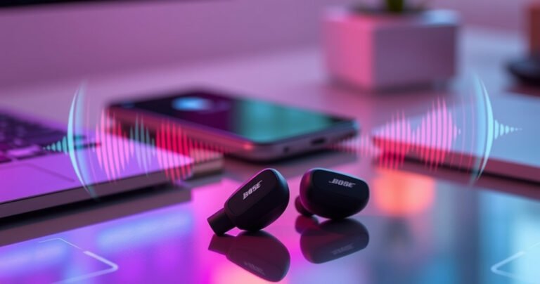 A sleek pair of Bose QuietComfort Earbuds II resting on a vibrant, modern workspace, surrounded by colorful sound waves and digital connection symbols, with a soft glow enhancing the earbuds’ design, and a visible smartphone displaying a Bluetooth connection screen in the background, evoking a sense of seamless technology integration and harmony.