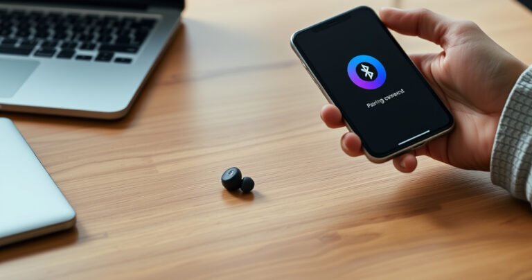 A sleek black pair of Dime earbuds resting on a minimalist wooden desk, surrounded by a smartphone and a laptop. Soft, ambient lighting highlights the elegant design, while a hand demonstrates the pairing process on the phone screen, showcasing a vibrant Bluetooth connection icon, creating an inviting tech-savvy atmosphere.