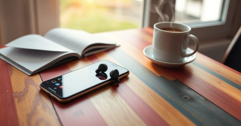 A sleek pair of Heyday earbuds rests on a vibrant wooden table, surrounded by a smartphone displaying a colorful Bluetooth menu. Soft morning light filters through a nearby window, illuminating an open instruction manual and a steaming cup of coffee, creating a cozy, tech-savvy atmosphere perfect for setting up new devices.