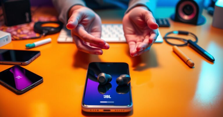 A close-up of sleek JBL Bluetooth earbuds resting on a vibrant, modern desk, surrounded by colorful gadgets and a smartphone displaying a pairing screen. Soft ambient lighting highlights the earbuds' glossy finish, while a pair of hands gently reaches for them, creating a sense of connection and technology in harmony.