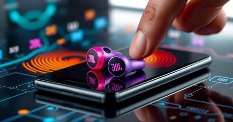 A close-up of vibrant JBL earbuds resting on a sleek Android smartphone, surrounded by colorful sound waves and digital icons representing connectivity, with a hand poised to tap the screen, set against a modern, tech-inspired background that conveys innovation and ease of use.