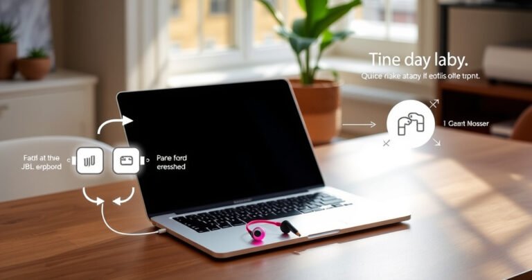 A sleek MacBook open on a stylish desk, vibrant JBL earbuds lying beside it, glowing softly. A warm, inviting workspace with a potted plant in the background, sunlight streaming through a window, casting gentle shadows. Diagrams and quick tips overlay the image, visually guiding viewers through the pairing process, creating an engaging and informative atmosphere.