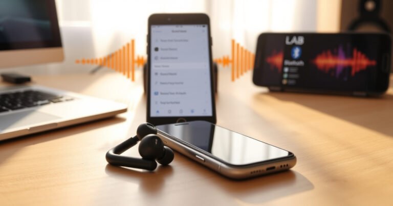 An inviting workspace featuring a sleek set of JLab earbuds resting on a wooden desk, surrounded by vibrant soundwave illustrations and a smartphone displaying a Bluetooth settings menu. Soft afternoon light bathes the scene, creating a warm atmosphere that emphasizes the modern technology of the earbuds and their stylish design.