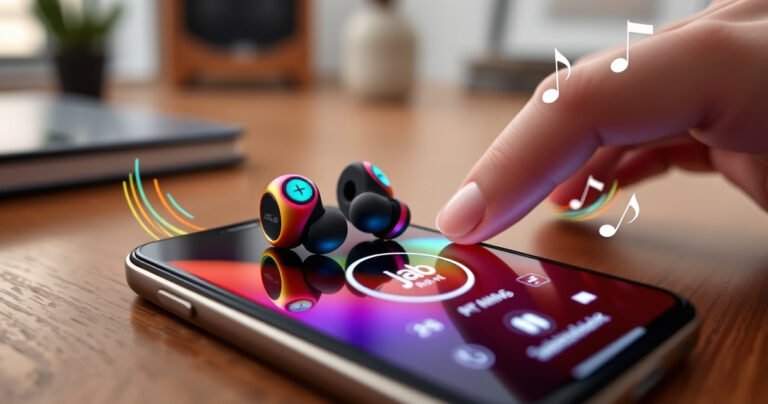 A close-up of vibrant JLab earbuds resting on a sleek iPhone, surrounded by colorful sound waves and digital icons, set against a cozy, modern workspace backdrop. A hand reaching toward the screen, showcasing a bright pairing interface, with hints of music notes and playful graphics that evoke a sense of connection and harmony.