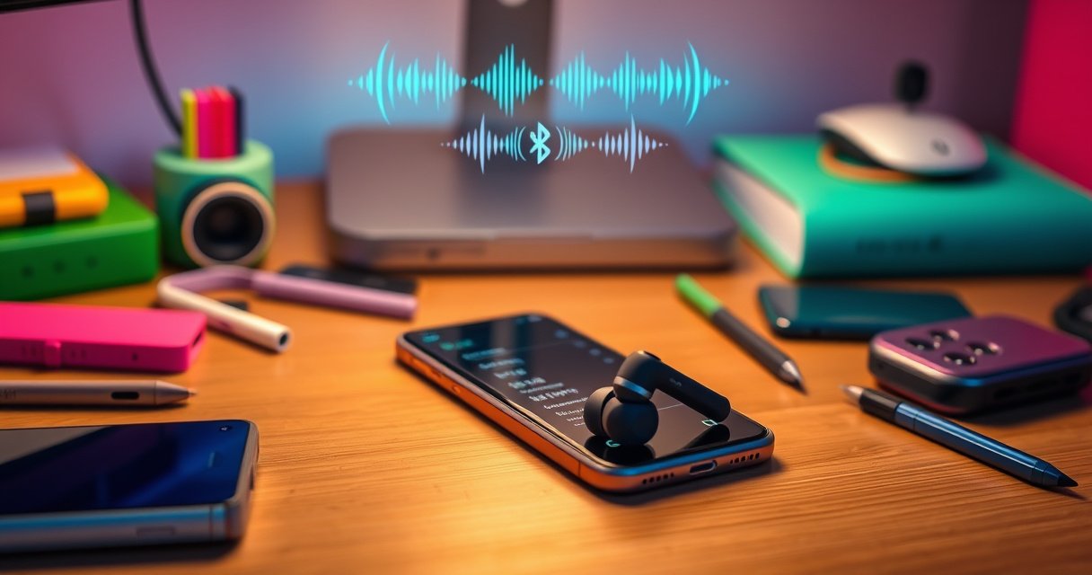 A vibrant workspace featuring a pair of sleek JLab earphones resting on a wooden desk surrounded by colorful tech gadgets. Soft light illuminates a smartphone displaying Bluetooth settings, with playful soundwave graphics floating above, conveying the essence of sound and connection in a modern, tech-savvy environment.