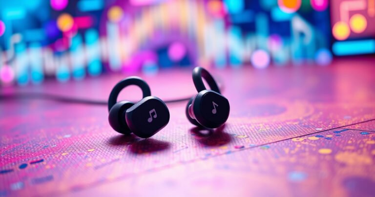 A close-up of sleek Jaybird earbuds resting on a vibrant, textured surface, surrounded by colorful sound waves and musical notes. In the background, a soft glow of technology-themed graphics subtly illuminates the scene, evoking a sense of innovation and connectivity, inviting viewers to explore the world of seamless audio experiences.