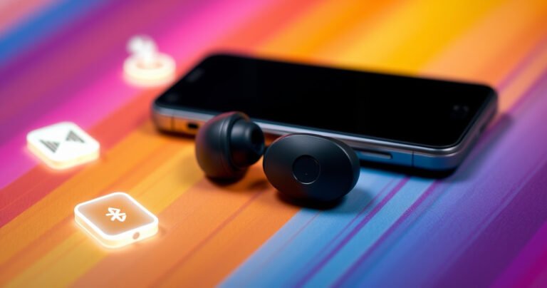 A close-up view of sleek LG Tone earbuds resting on a vibrant, colorful background, surrounded by glowing icons representing Bluetooth connectivity, a smartphone, and sound waves, with a soft glow illuminating the scene, evoking a sense of modern technology and seamless pairing experience.