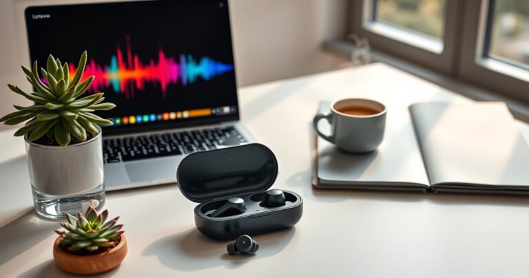 A stylish workspace featuring a sleek Lenovo ThinkPlus Earbuds case open on a minimalist desk, surrounded by a vibrant succulent plant, a steaming cup of coffee, and an open laptop displaying colorful sound waves. Soft morning light filters through a nearby window, creating a warm, inviting atmosphere that highlights the earbuds' modern design.