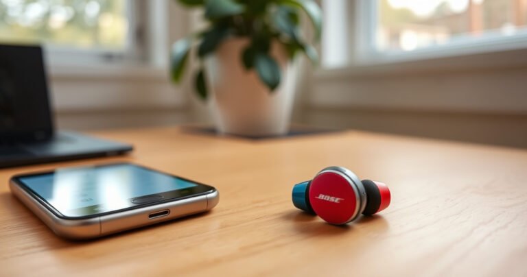 A close-up of vibrant Bose earbuds resting on a clean wooden desk, accompanied by a smartphone displaying a Bluetooth settings screen, soft natural light filtering through a nearby window, a cozy atmosphere with a plant in the background, conveying a sense of ease and modern technology in perfect harmony.