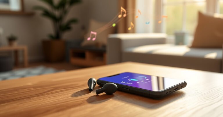 A close-up of sleek JLab earbuds resting on a minimalist wooden table, surrounded by a soft, blurred background of a cozy living room. A smartphone displays a vibrant Bluetooth pairing screen, with colorful musical notes floating around, symbolizing connectivity and seamless audio experience. Warm sunlight filters through a nearby window, enhancing the inviting atmosphere.