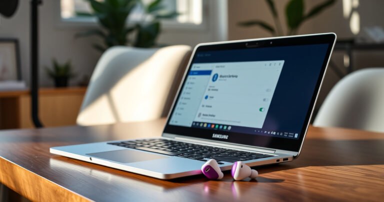 A sleek, modern laptop on a stylish wooden desk, with vibrant Samsung earbuds resting beside it. Soft sunlight filters through a nearby window, casting warm glows on the tech. A user-friendly interface is visible on the laptop screen, showcasing Bluetooth settings, while a cozy, inviting workspace surrounds the scene, hinting at a productive atmosphere.