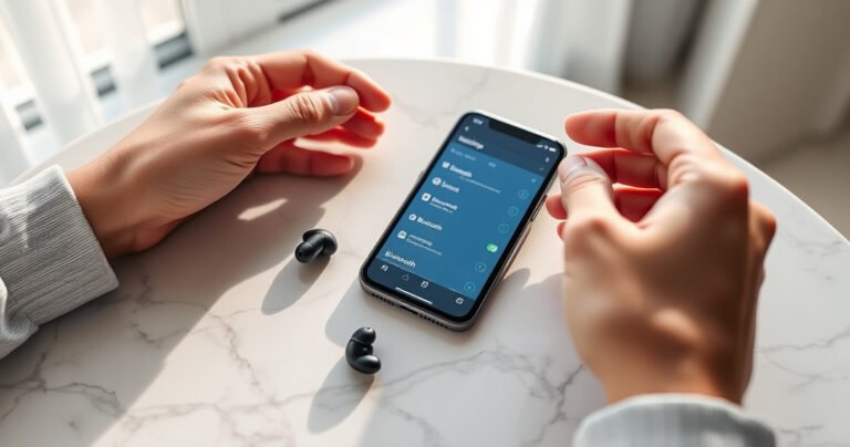 A close-up of sleek ONN earbuds resting on a marble table, surrounded by a smartphone displaying a Bluetooth settings screen. Soft morning light filters through a nearby window, casting gentle shadows, while a pair of hands, poised to connect, hold the earbuds. A minimalist background adds a modern touch, emphasizing tech-savvy elegance.