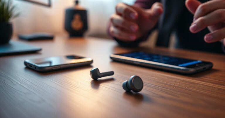 A close-up of sleek ONN earbuds resting on a modern wooden desk, surrounded by a vibrant smartphone displaying Bluetooth settings, soft ambient lighting creating a cozy atmosphere, with a subtle hint of a person’s hands about to connect, showcasing a seamless and stylish tech integration for a quick setup.
