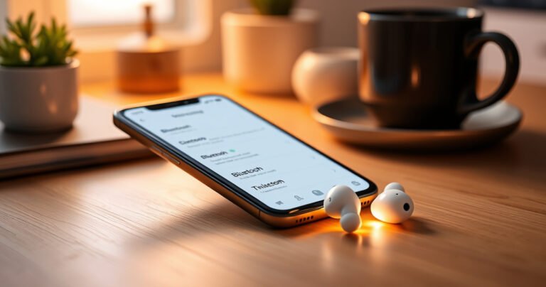 A sleek, modern iPhone displaying the Bluetooth settings screen, surrounded by ONN wireless earbuds that gleam in a soft, inviting light. The background features a cozy, minimalist workspace with a hint of greenery and a stylish coffee cup, creating a warm and tech-savvy atmosphere that invites readers to explore seamless connectivity.