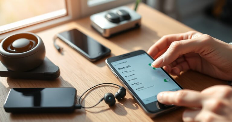 A close-up of sleek Plantronics earbuds resting on a wooden table, surrounded by tech gadgets and a smartphone displaying Bluetooth settings. Soft afternoon light filters through a nearby window, casting gentle shadows. A pair of hands, poised with a finger over the phone screen, symbolizes the connection process, conveying an atmosphere of modern technology and user-friendly guidance.